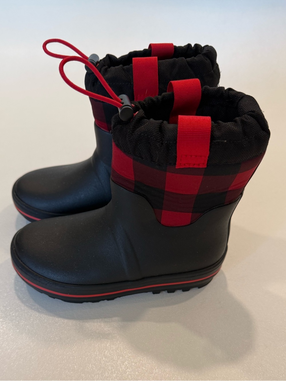 Cat & Jack Kids Size 12 Black Red Buffalo Plaid Winter Rain Boots Waterproof